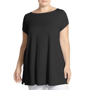 Eileen Fisher Jersey Knit Bateau Neck Tunic Top Black Cap Sleeve System Size L